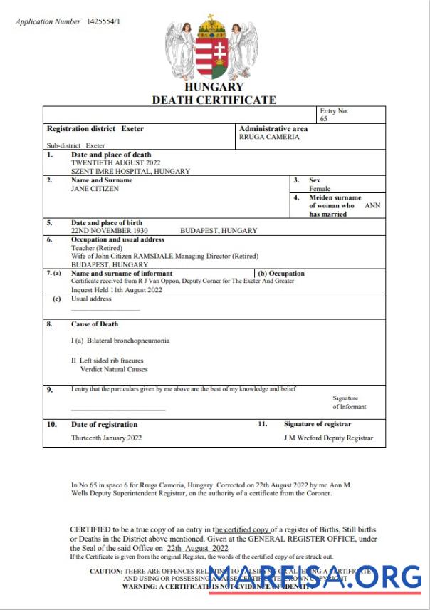 Blank Hungary vital record death certificate Word and PDF templat real example
